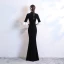 Chinese style Black Velour Winter Cheongsam / Qipao 2020 Trumpet / Mermaid High Neck 3/4 Sleeve Bell sleeves Rhinestone Flower Split Front Floor-Length / Long Formal Dresses