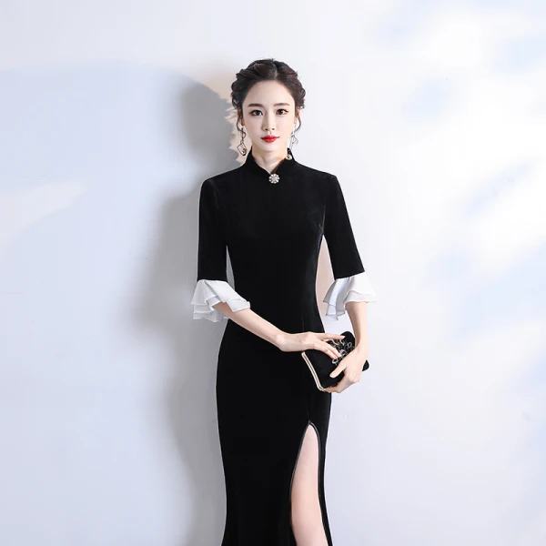 Chinese style Black Velour Winter Cheongsam / Qipao 2020 Trumpet / Mermaid High Neck 3/4 Sleeve Bell sleeves Rhinestone Flower Split Front Floor-Length / Long Formal Dresses