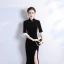 Chinese style Black Velour Winter Cheongsam / Qipao 2020 Trumpet / Mermaid High Neck 3/4 Sleeve Bell sleeves Rhinestone Flower Split Front Floor-Length / Long Formal Dresses