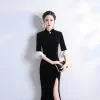 Chinese style Black Velour Winter Cheongsam / Qipao 2020 Trumpet / Mermaid High Neck 3/4 Sleeve Bell sleeves Rhinestone Flower Split Front Floor-Length / Long Formal Dresses