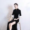 Chinese style Black Velour Winter Cheongsam / Qipao 2020 Trumpet / Mermaid High Neck 3/4 Sleeve Bell sleeves Rhinestone Flower Split Front Floor-Length / Long Formal Dresses