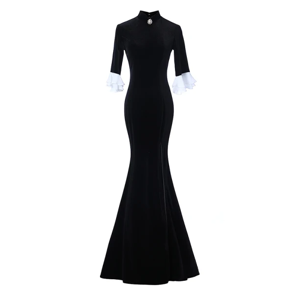 Chinese style Black Velour Winter Cheongsam / Qipao 2020 Trumpet / Mermaid High Neck 3/4 Sleeve Bell sleeves Rhinestone Flower Split Front Floor-Length / Long Formal Dresses