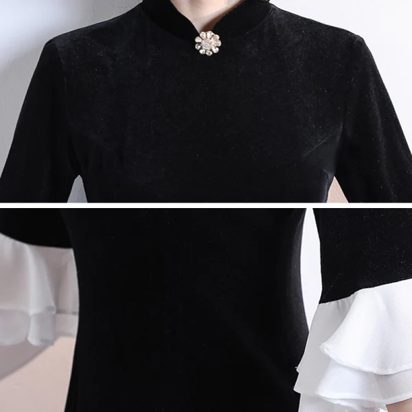 Chinese style Black Velour Winter Cheongsam / Qipao 2020 Trumpet / Mermaid High Neck 3/4 Sleeve Bell sleeves Rhinestone Flower Split Front Floor-Length / Long Formal Dresses
