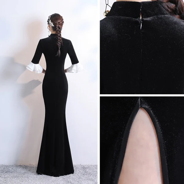 Chinese style Black Velour Winter Cheongsam / Qipao 2020 Trumpet / Mermaid High Neck 3/4 Sleeve Bell sleeves Rhinestone Flower Split Front Floor-Length / Long Formal Dresses