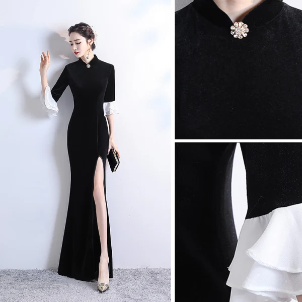 Chinese style Black Velour Winter Cheongsam / Qipao 2020 Trumpet / Mermaid High Neck 3/4 Sleeve Bell sleeves Rhinestone Flower Split Front Floor-Length / Long Formal Dresses