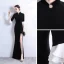 Chinese style Black Velour Winter Cheongsam / Qipao 2020 Trumpet / Mermaid High Neck 3/4 Sleeve Bell sleeves Rhinestone Flower Split Front Floor-Length / Long Formal Dresses