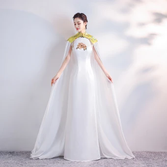 Chinese Style White Satin Cheongsam Qipao With Shawl 2020 Sheath Fit High Neck Sleeveless Beading Tassel Embroidered Flower Floor Length Long Formal Dresses
