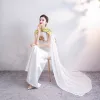 Chinese style White Satin Cheongsam / Qipao With Shawl 2020 Sheath / Fit High Neck Sleeveless Beading Tassel Embroidered Flower Floor-Length / Long Formal Dresses