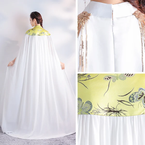 Chinese style White Satin Cheongsam / Qipao With Shawl 2020 Sheath / Fit High Neck Sleeveless Beading Tassel Embroidered Flower Floor-Length / Long Formal Dresses