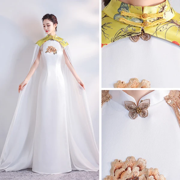 Chinese style White Satin Cheongsam / Qipao With Shawl 2020 Sheath / Fit High Neck Sleeveless Beading Tassel Embroidered Flower Floor-Length / Long Formal Dresses
