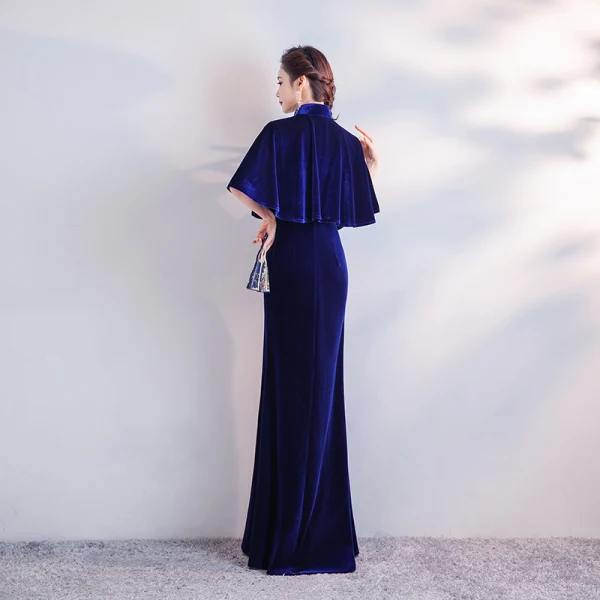 Chinese style Royal Blue Velour Cheongsam / Qipao With Shawl 2020 Trumpet / Mermaid High Neck Short Sleeve Appliques Embroidered Beading Split Front Floor-Length / Long Formal Dresses