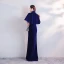 Chinese style Royal Blue Velour Cheongsam / Qipao With Shawl 2020 Trumpet / Mermaid High Neck Short Sleeve Appliques Embroidered Beading Split Front Floor-Length / Long Formal Dresses