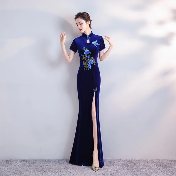 Chinese style Royal Blue Velour Cheongsam / Qipao With Shawl 2020 Trumpet / Mermaid High Neck Short Sleeve Appliques Embroidered Beading Split Front Floor-Length / Long Formal Dresses