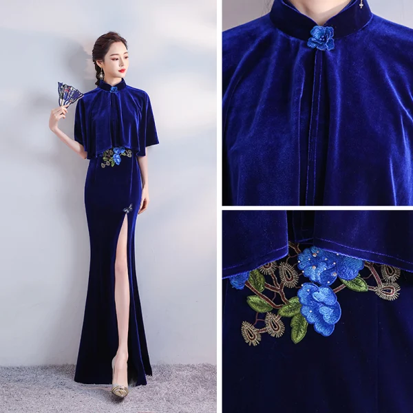 Chinese style Royal Blue Velour Cheongsam / Qipao With Shawl 2020 Trumpet / Mermaid High Neck Short Sleeve Appliques Embroidered Beading Split Front Floor-Length / Long Formal Dresses