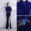 Chinese style Royal Blue Velour Cheongsam / Qipao With Shawl 2020 Trumpet / Mermaid High Neck Short Sleeve Appliques Embroidered Beading Split Front Floor-Length / Long Formal Dresses