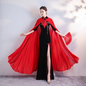 Chinese Style Black Velour Cheongsam Qipao With Shawl 2020 Trumpet Mermaid High Neck 1 2 Sleeves Embroidered Flower Rhinestone Split Front Floor Length Long Formal Dresses