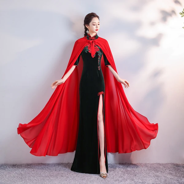 Chinese style Black Velour Cheongsam / Qipao With Shawl 2020 Trumpet / Mermaid High Neck 1/2 Sleeves Embroidered Flower Rhinestone Split Front Floor-Length / Long Formal Dresses