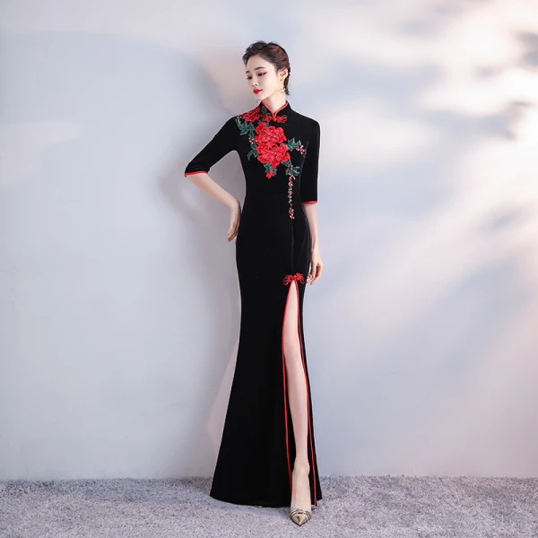 Chinese style Black Velour Cheongsam / Qipao With Shawl 2020 Trumpet / Mermaid High Neck 1/2 Sleeves Embroidered Flower Rhinestone Split Front Floor-Length / Long Formal Dresses