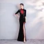 Chinese style Black Velour Cheongsam / Qipao With Shawl 2020 Trumpet / Mermaid High Neck 1/2 Sleeves Embroidered Flower Rhinestone Split Front Floor-Length / Long Formal Dresses