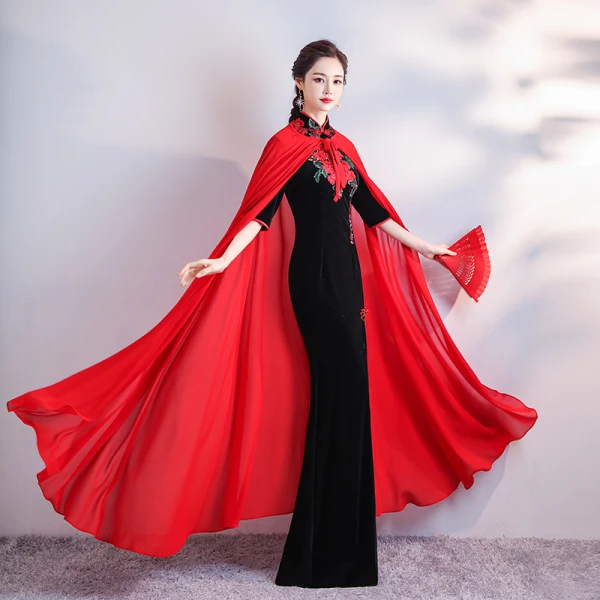 Chinese style Black Velour Cheongsam / Qipao With Shawl 2020 Trumpet / Mermaid High Neck 1/2 Sleeves Embroidered Flower Rhinestone Split Front Floor-Length / Long Formal Dresses
