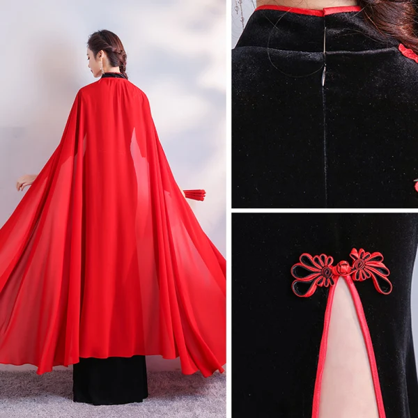 Chinese style Black Velour Cheongsam / Qipao With Shawl 2020 Trumpet / Mermaid High Neck 1/2 Sleeves Embroidered Flower Rhinestone Split Front Floor-Length / Long Formal Dresses