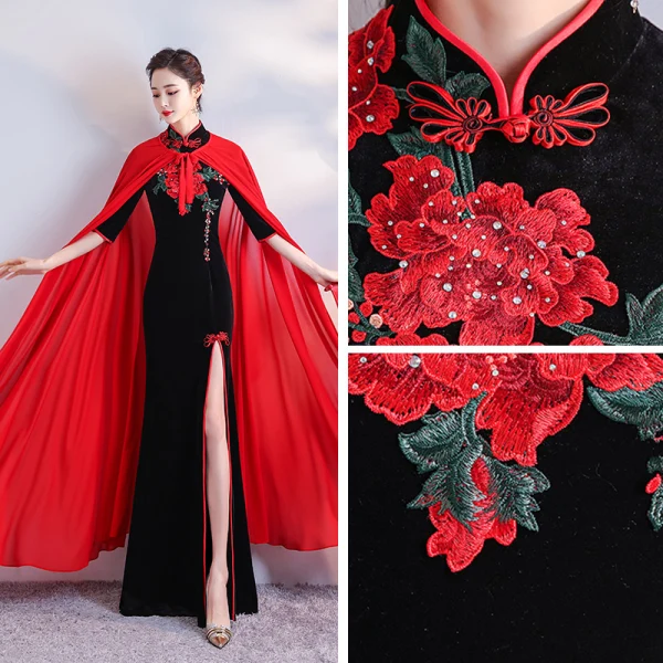 Chinese style Black Velour Cheongsam / Qipao With Shawl 2020 Trumpet / Mermaid High Neck 1/2 Sleeves Embroidered Flower Rhinestone Split Front Floor-Length / Long Formal Dresses
