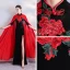 Chinese style Black Velour Cheongsam / Qipao With Shawl 2020 Trumpet / Mermaid High Neck 1/2 Sleeves Embroidered Flower Rhinestone Split Front Floor-Length / Long Formal Dresses