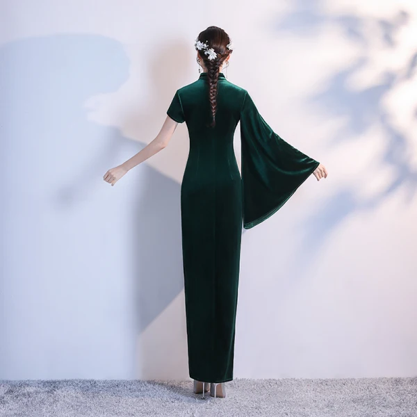 Schlicht Dunkelgrün Velour Cheongsam 2020 Meerjungfrau Stehkragen Lange Ärmel Gespaltete Front Lange Festliche Kleider