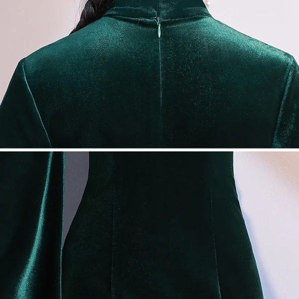 Schlicht Dunkelgrün Velour Cheongsam 2020 Meerjungfrau Stehkragen Lange Ärmel Gespaltete Front Lange Festliche Kleider