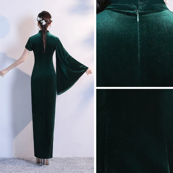 Schlicht Dunkelgrün Velour Cheongsam 2020 Meerjungfrau Stehkragen Lange Ärmel Gespaltete Front Lange Festliche Kleider