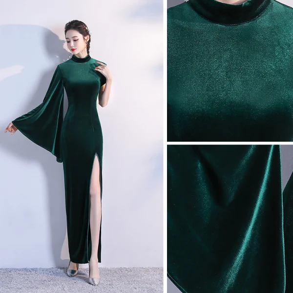 Schlicht Dunkelgrün Velour Cheongsam 2020 Meerjungfrau Stehkragen Lange Ärmel Gespaltete Front Lange Festliche Kleider