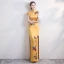 Chinese style Yellow Satin Cheongsam / Qipao 2020 Trumpet / Mermaid High Neck Short Sleeve Appliques Embroidered Split Front Floor-Length / Long Formal Dresses