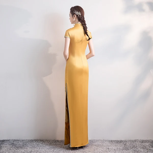 Chinese style Yellow Satin Cheongsam / Qipao 2020 Trumpet / Mermaid High Neck Short Sleeve Appliques Embroidered Split Front Floor-Length / Long Formal Dresses