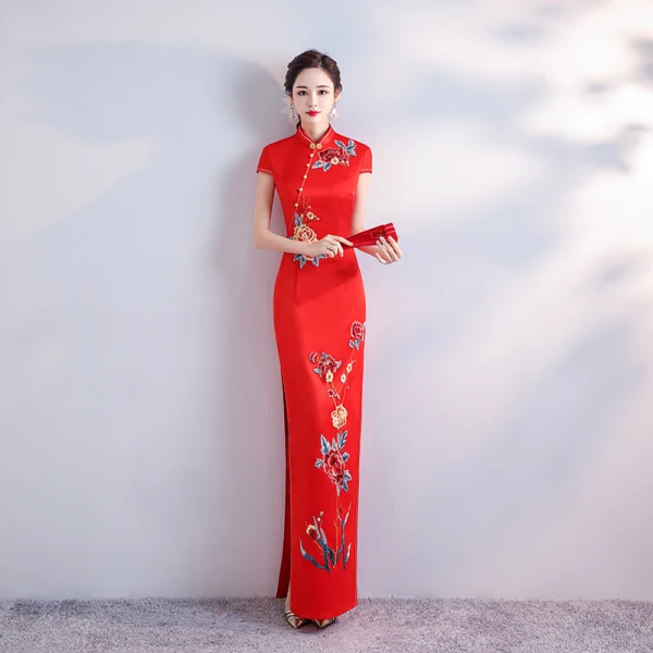 Chinese style Yellow Satin Cheongsam / Qipao 2020 Trumpet / Mermaid High Neck Short Sleeve Appliques Embroidered Split Front Floor-Length / Long Formal Dresses
