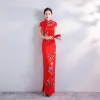 Chinese style Yellow Satin Cheongsam / Qipao 2020 Trumpet / Mermaid High Neck Short Sleeve Appliques Embroidered Split Front Floor-Length / Long Formal Dresses