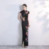 Chinese style Yellow Satin Cheongsam / Qipao 2020 Trumpet / Mermaid High Neck Short Sleeve Appliques Embroidered Split Front Floor-Length / Long Formal Dresses