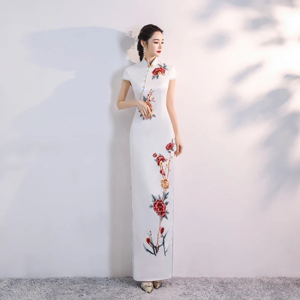 Chinese style Yellow Satin Cheongsam / Qipao 2020 Trumpet / Mermaid High Neck Short Sleeve Appliques Embroidered Split Front Floor-Length / Long Formal Dresses