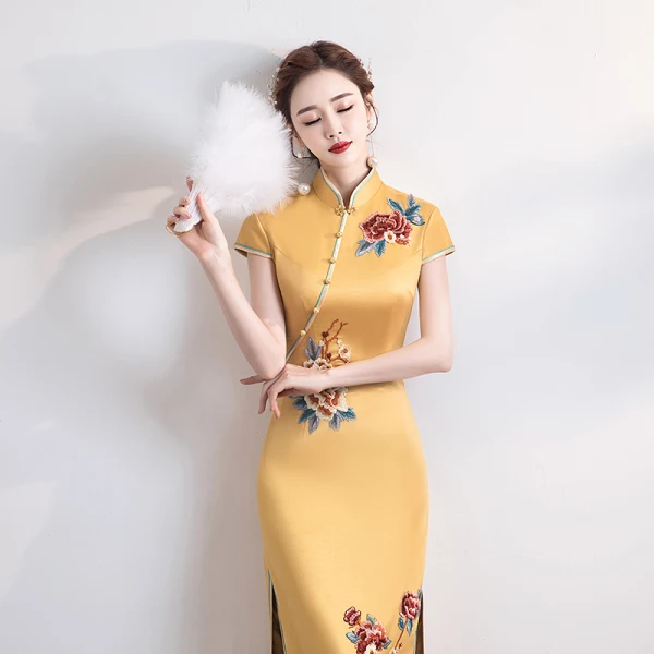 Chinese style Yellow Satin Cheongsam / Qipao 2020 Trumpet / Mermaid High Neck Short Sleeve Appliques Embroidered Split Front Floor-Length / Long Formal Dresses