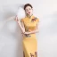 Chinese style Yellow Satin Cheongsam / Qipao 2020 Trumpet / Mermaid High Neck Short Sleeve Appliques Embroidered Split Front Floor-Length / Long Formal Dresses