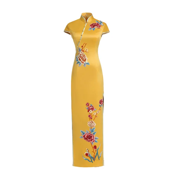 Chinese style Yellow Satin Cheongsam / Qipao 2020 Trumpet / Mermaid High Neck Short Sleeve Appliques Embroidered Split Front Floor-Length / Long Formal Dresses