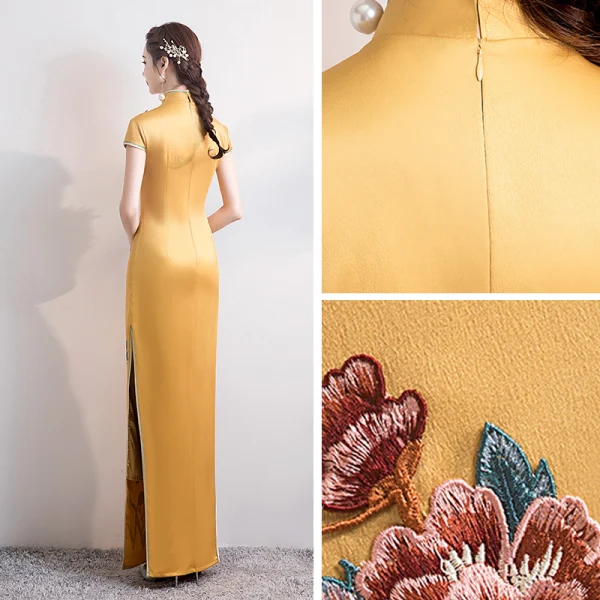 Chinese style Yellow Satin Cheongsam / Qipao 2020 Trumpet / Mermaid High Neck Short Sleeve Appliques Embroidered Split Front Floor-Length / Long Formal Dresses