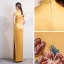 Chinese style Yellow Satin Cheongsam / Qipao 2020 Trumpet / Mermaid High Neck Short Sleeve Appliques Embroidered Split Front Floor-Length / Long Formal Dresses