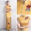 Chinese style Yellow Satin Cheongsam / Qipao 2020 Trumpet / Mermaid High Neck Short Sleeve Appliques Embroidered Split Front Floor-Length / Long Formal Dresses