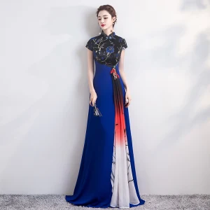 Fashion Royal Blue Cheongsam Qipao 2020 A Line Princess High Neck Short Sleeve Embroidered Flower Floor Length Long Formal Dresses