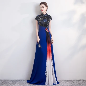 Fashion Royal Blue Cheongsam Qipao 2020 A Line Princess High Neck Short Sleeve Embroidered Flower Floor Length Long Formal Dresses