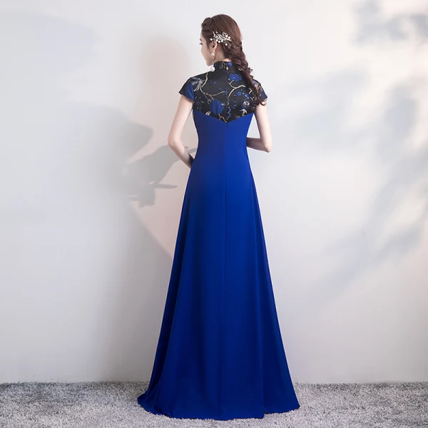 Fashion Royal Blue Cheongsam / Qipao 2020 A-Line / Princess High Neck Short Sleeve Embroidered Flower Floor-Length / Long Formal Dresses