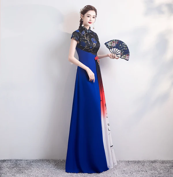 Fashion Royal Blue Cheongsam / Qipao 2020 A-Line / Princess High Neck Short Sleeve Embroidered Flower Floor-Length / Long Formal Dresses