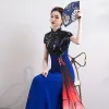 Fashion Royal Blue Cheongsam / Qipao 2020 A-Line / Princess High Neck Short Sleeve Embroidered Flower Floor-Length / Long Formal Dresses