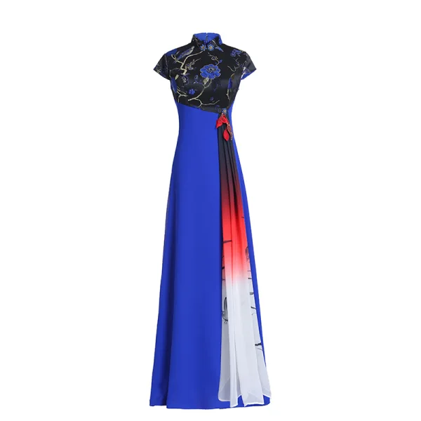 Fashion Royal Blue Cheongsam / Qipao 2020 A-Line / Princess High Neck Short Sleeve Embroidered Flower Floor-Length / Long Formal Dresses