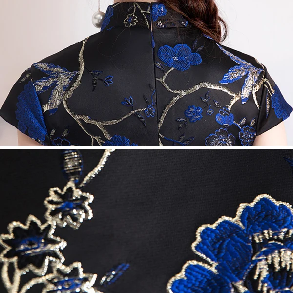 Fashion Royal Blue Cheongsam / Qipao 2020 A-Line / Princess High Neck Short Sleeve Embroidered Flower Floor-Length / Long Formal Dresses